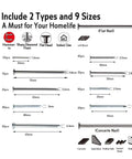 Diagram of DIY Ready Flat Head And Concrete Nails Kit 420 Piece Set with 9 sizes, showing lengths and uses for timber and concrete joinery.