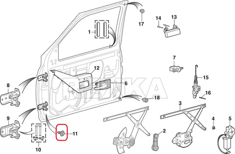 Diagram showing parts and clips for Ford door assembly, includes Item 11 and interior fasteners for restoration use.