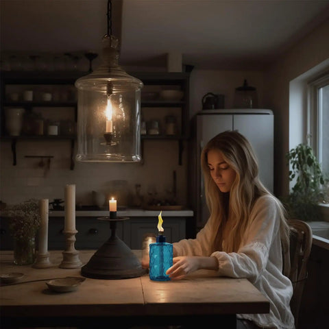 Woman sitting at table with blue glass torch, part of 4 Pack Glass Table Top Torches With Wick And Cap, Multicolor Citronella Lanterns.