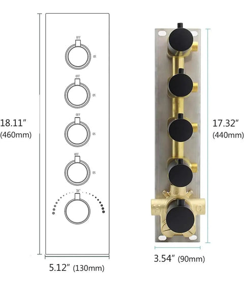 Matte Black Dual Shower Valve System With Thermostatic Temperature Control dimensions and fittings showcased from the side.