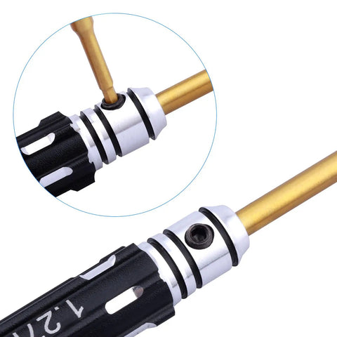 Close-up of a Must Have RC Hex Driver Set with titanium tip and aluminum handle, showcasing the 1.27mm tool in use.
