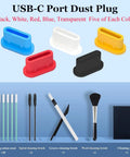 USB C Dust Plug Kit with 25 Silicone Port Plugs in 5 Colors and Cleaning Kit Type C Port Cover Components Display