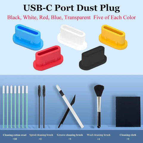USB C Dust Plug Kit with 25 Silicone Port Plugs in 5 Colors and Cleaning Kit Type C Port Cover Components Display