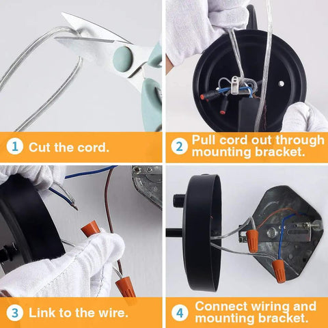 Installation steps for Bedside Wall Mount Lamp With Dimmable Switch, showing cord cutting and wiring for Industrial Gooseneck Sconce.