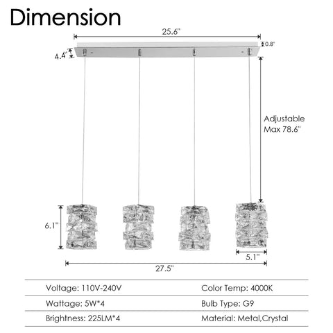 Lit Crystal Pendant Light 4 Light Modern Cluster Ceiling Fixture In Chrome With K9 Crystals dimensions and specifications