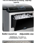 Plug And Play Countertop Ice Maker Delivers Quick Freeze Bullet Cubes With Thirty Kilos Daily Output, showcasing ice making process and storage.