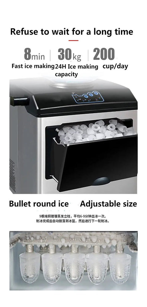 Plug And Play Countertop Ice Maker Delivers Quick Freeze Bullet Cubes With Thirty Kilos Daily Output, showcasing ice making process and storage.