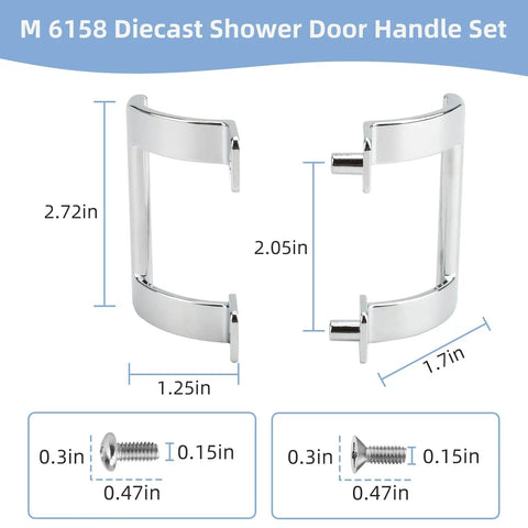 Genuine Grade Chrome Shower Door Handle Replacement Set For Sliding And Swinging Doors M 6158 Diecast dimensions with screws.
