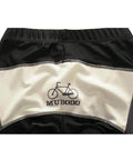 Close-up of Mubodo branded cycling shorts with bicycle logo on the back.