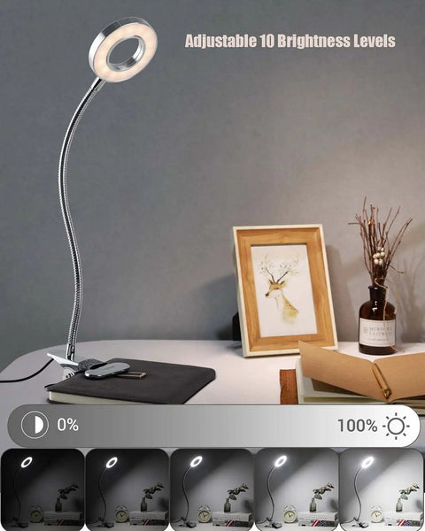 LED Clip On Reading Light With Dimmable Brightness, 3 Modes And 10 Levels, Flexible Clamp Desk Lamp, Matte Silver Finish