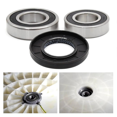 Heavy Duty Washer Seal Bearing And Tub Drum Shaft Assembly Kit For Samsung Models featuring two steel bearings and a rubber seal.
