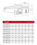 Heavy Duty CNC Hydraulic Collet And Cylinder Clamp With BT50 Taper Locking dimensions chart, sizes, and specifications displayed.