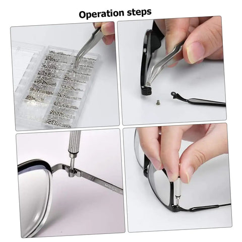 Operation steps using Glasses Repair Kit With Tweezers Screwdriver Cleaning Cloth And Thousands Of Eyewear Screws For Quick Eyewear Fixes At Home Office Or On The Go A Portable Complete Maintenance Set For Glasses And Sunglasses.