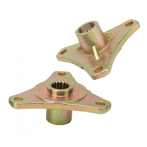 Two Piece Rear Spline Axle Hub 17 Tooth Beefy Steel Alloy Direct Bolt Up Fitment For 110Cc Mini Atv And Go Kart angled view with dual hubs.