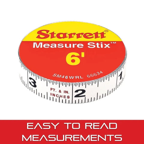 Adhesive Backed Tape Measure Stix For Quick, On The Fly Measurements On Your Workbench, Saw Table Or Drafting Desk, Half Inch By 6 Foot Imperial Tape With Right And Left Reading, red and yellow roll with a clear measurement scale