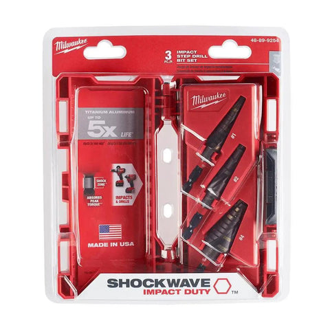 Impact Duty Step Bit Set Three Piece High Speed Steel Built For Impact Drivers With Rapid Strike Tip For Quick Starts 13 Laser Engraved Steps TiAlN Coated For 5X Longer Life And Drill Driver Compatibility in packaging