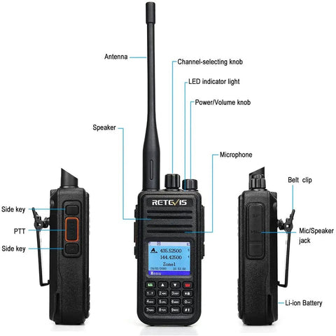 RT3S DMR Radio Dual Band Two Way Ham Radio With Cable OpenGD77 Support front and side views showing controls and features