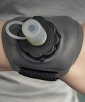 Hydration On The Wrist On The Go 200ml Silicone Leakproof Wearable Bottle with ergonomic hand strap for outdoor activities shown on wrist