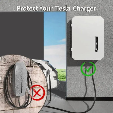 Wall Mounted 1.2MM Cold Rolled Steel EV Charger Protection Box for Tesla with cables on garage wall and weatherproof features.