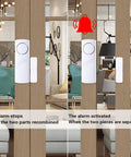 Super Loud 90dB Door And Window Alarm Pack Of 13 For Kid Safety Magnetic Sensor Home Security Alarm For Doors And Windows Easy Install Prevents Unwanted Entry Great For Home Office Pool Area shown on doors with activation and deactivation view