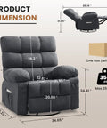 360 Degree Swivel Rocker Recliner For Adults Comfy Space Saving Manual Glider Chair dimensions in black fabric.
