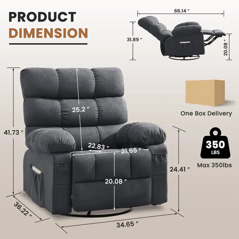 360 Degree Swivel Rocker Recliner For Adults Comfy Space Saving Manual Glider Chair dimensions in black fabric.
