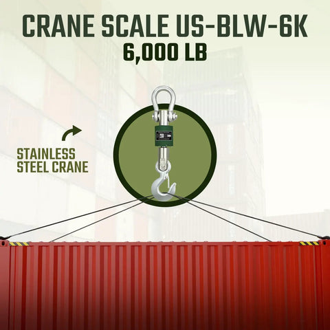 Heavy Duty Digital Crane Scale With Clear LCD Screen Built Tough For Real World Jobs Straight Shot Weighing Up To Six Thousand Pounds with stainless steel hook.