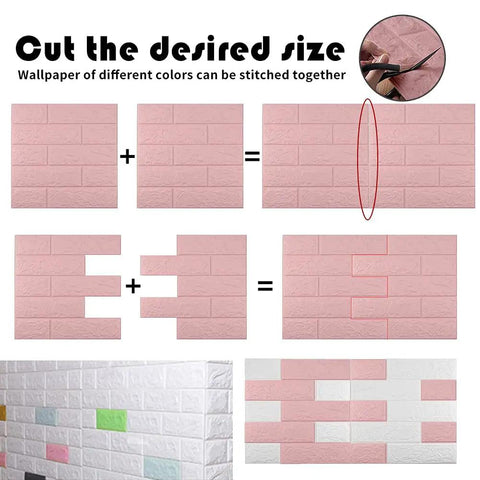Pink 3D Peel And Stick Wall Panels Pack Of 20 Self Adhesive Waterproof Brick Foam For Interior Walls, customizable cut design guide
