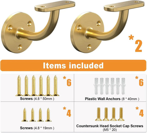 Top Shelf Heavy Duty Two Pack Stainless Steel 304 Wall Mount Handrail Brackets For Wood And Metal Stair Railings Rock Solid Flat Surface Square Tube Support With Smooth Satin Gold Finish