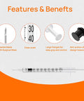 100 Pack 1ml Syringe With 30 Gauge Half Inch Needle Individually Wrapped Pro Grade Lab Supplies For Precision Dosing Easy One Hand Use Smooth Inner Wall Airtight Plunger Ready For Bulk Medical And Scientific Tasks. Features syringe needle, scale, flanges, plunger