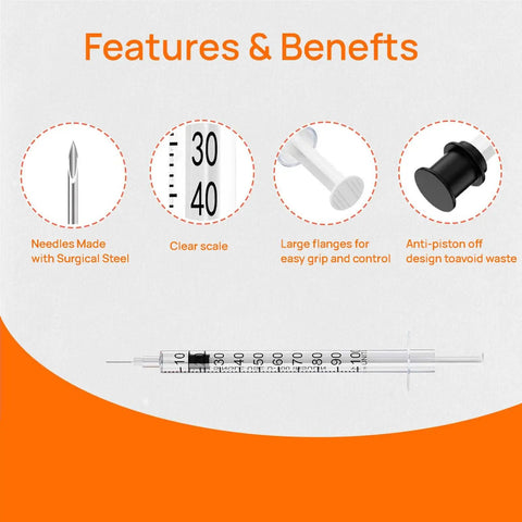 100 Pack 1ml Syringe With 30 Gauge Half Inch Needle Individually Wrapped Pro Grade Lab Supplies For Precision Dosing Easy One Hand Use Smooth Inner Wall Airtight Plunger Ready For Bulk Medical And Scientific Tasks. Features syringe needle, scale, flanges, plunger