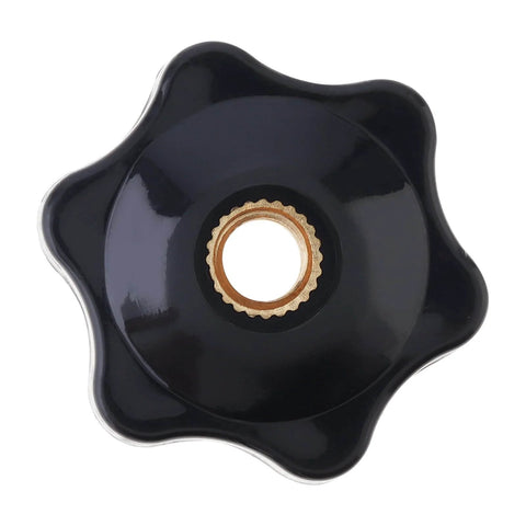 Front view of a black plastic star knob with a brass insert, from the Must Have Ten Pack Six Star Knobs With One Quarter Inch Twenty Female Threads Hex Head Through Knobs For Clamping Jigs And T Track Bolts Star Shape Hand Knobs For Lathe Milling Machines Workshop Equipment And Mechanical Projects.