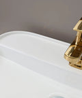 Dope 25.6 Inch Rectangle Vessel Sink with pop up drain for above counter installation in white porcelain ceramic, gold faucet detail.