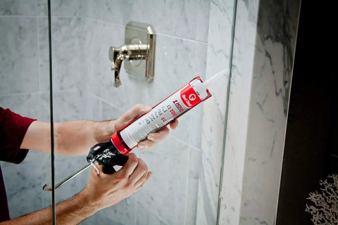 Applying Silicone Shield Kitchen and Bath Sealant Clear 9 oz tube, pack of 12, in shower, moisture cure, USA made
