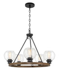 Elwood 25-Inch 5-Light Industrial Rustic Wagon Wheel Chandelier with clear glass globes and smoked birch finish, front view