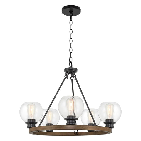 Elwood 25-Inch 5-Light Industrial Rustic Wagon Wheel Chandelier with clear glass globes and smoked birch finish, front view