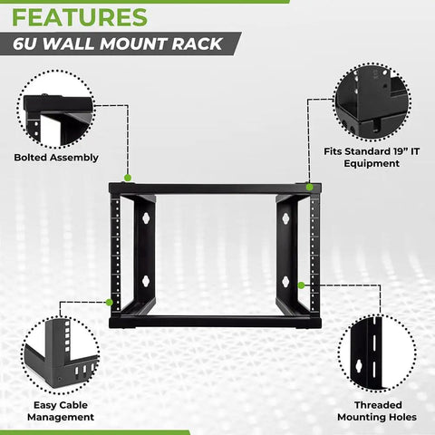 Built Tight 6U Wall Mount Rack Engineered For 19 Inch Server Hardware Open Frame Steel Rack Kicking Out Clean Airflow 16 Inch Deep Handles Max Load Premium Black