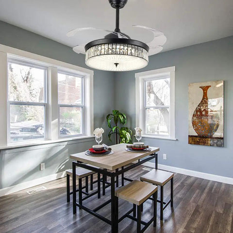 Crystal Ceiling Fan Lights With Remote Retractable Blades 42-Inch Black Chandelier Ceiling Fan in modern dining room.