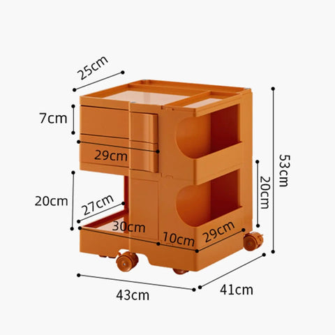 Ultra Slim Two Tier Rolling Utility Cart Smooth Glide Swivel Wheels Compact Abs Shelving Unit dimensions 53cm high, 43cm wide.