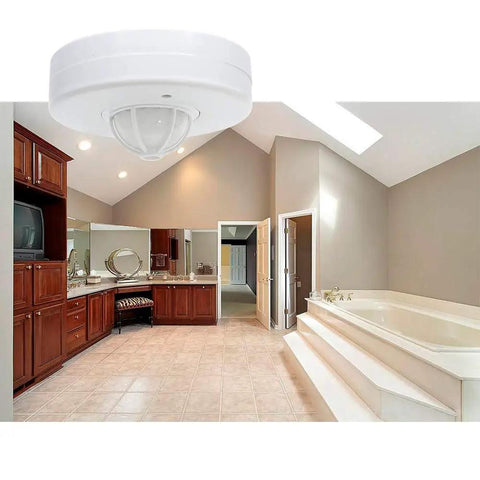 360 Degree Ceiling Occupancy Sensor With 3 Detectors installed in modern bathroom, high sensitivity PIR motion light switch