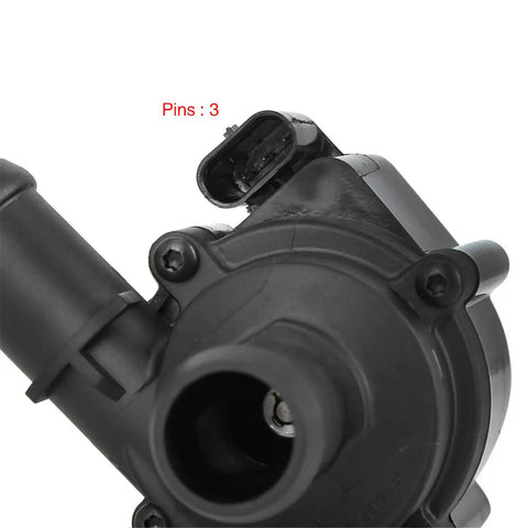 Close-up of Straight Up Beefy Electric Coolant Water Pump Engine Auxiliary Replacement with 3-pin connector fitting Audi models.