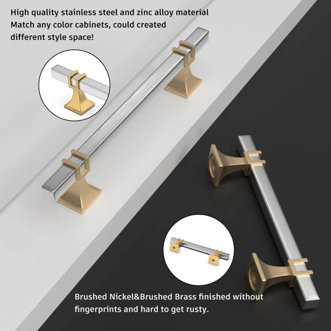 12 Pack Two Tone Cabinet Pulls With 3 Inch Hole Centers Brushed Nickel And Gold Zinc Alloy Square Tube Handles For Cabinets And Dressers