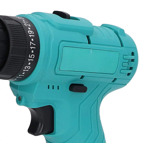 Close-up of 12V Cordless Drill Driver Boasting Hella Torque Up To 52 Newton Meters Quick Change Chuck, teal color
