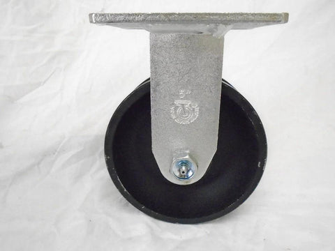Rigid caster wheel, 5 in diameter by 2 in wide, iron steel wheel, silver mounting plate