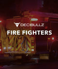 Fire truck with lights on at night, Decibullz logo and text "Fire Fighters" overlay.