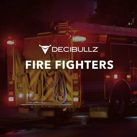 Fire truck with lights on at night, Decibullz logo and text "Fire Fighters" overlay.