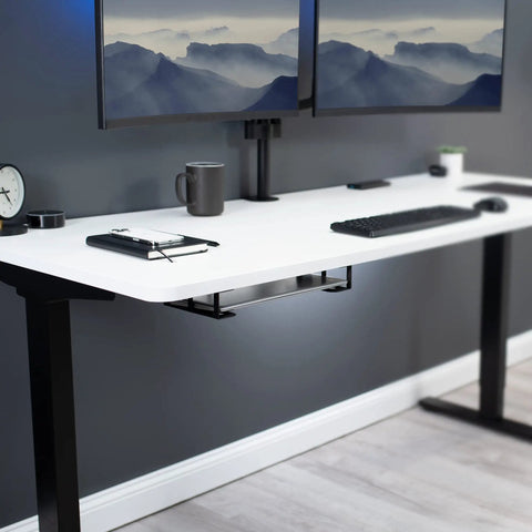 Universal Under Desk Laptop Mount With Adjustable Tablet Brackets For Hidden Computer Docking Station, sleek white desk setup.