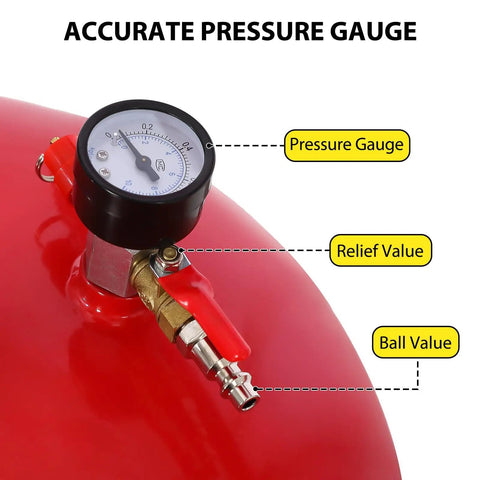 Pressure gauge and valves on Sierra Squad 20 Gallon Waste Oil Drain Tank Portable Fluid Transfer Drum.