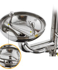 Close-up of Hardcore Heavy Duty Stainless Steel Eyewash System with dual nozzles and drain in a solid basin.