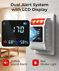 Plug In Six In One Smoke And Carbon Monoxide Guardian With Rock Solid Battery Backup No Hassle Setup And Crisp Volume Controls For Peaceful Homes Rv Vacations And Weekend Cabin Stays displayed with LCD temperature and humidity readings.